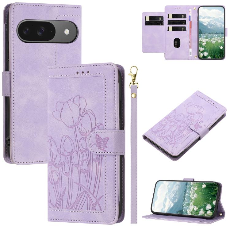 For Google Pixel 10 Tulips Embossed Leather Phone Case with Lanyard(Purple) - Google Cases by buy2fix | Online Shopping UK | buy2fix