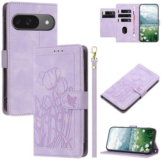 For Google Pixel 10 Tulips Embossed Leather Phone Case with Lanyard(Purple) - Google Cases by buy2fix | Online Shopping UK | buy2fix
