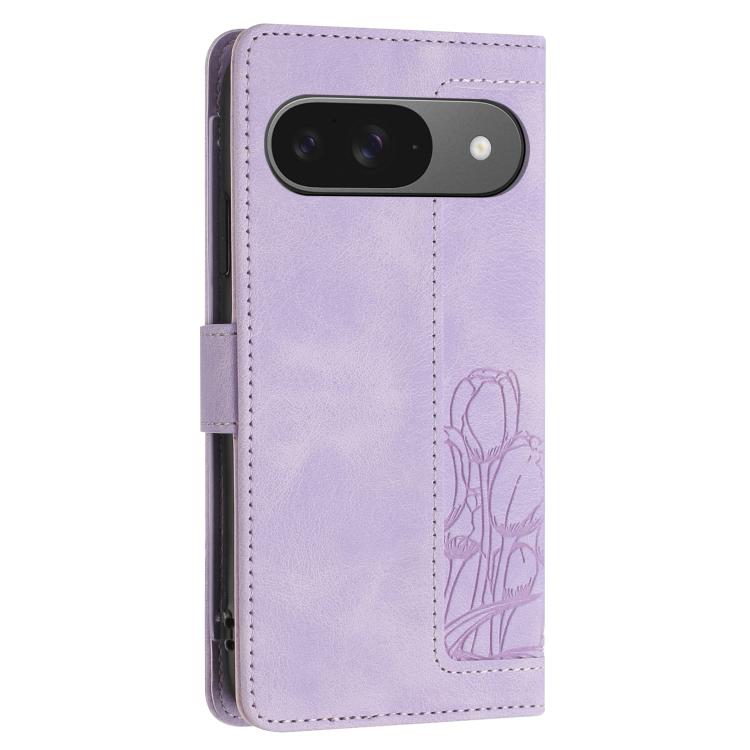 For Google Pixel 10 Tulips Embossed Leather Phone Case with Lanyard(Purple) - Google Cases by buy2fix | Online Shopping UK | buy2fix