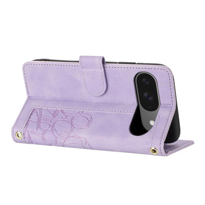 For Google Pixel 10 Tulips Embossed Leather Phone Case with Lanyard(Purple) - Google Cases by buy2fix | Online Shopping UK | buy2fix