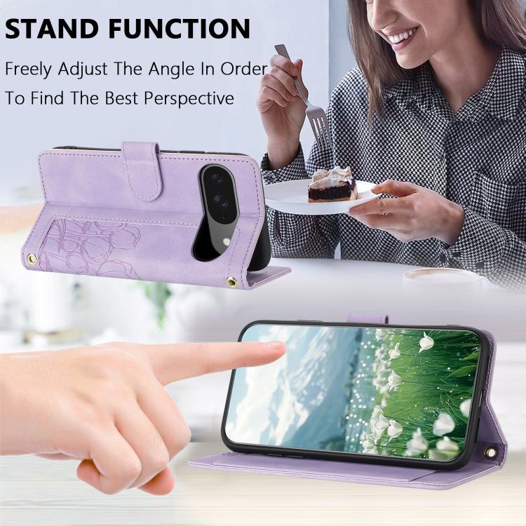 For Google Pixel 10 Tulips Embossed Leather Phone Case with Lanyard(Purple) - Google Cases by buy2fix | Online Shopping UK | buy2fix