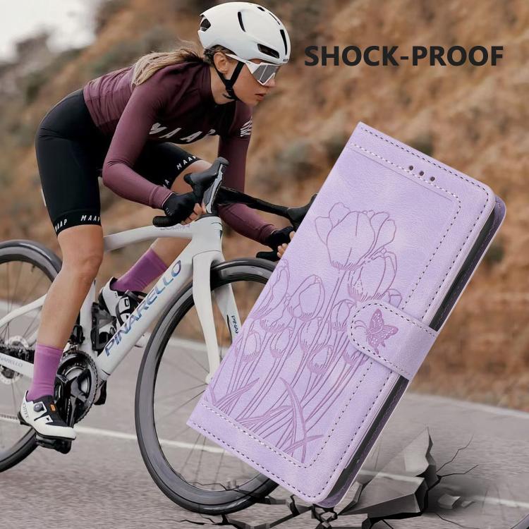 For Google Pixel 10 Tulips Embossed Leather Phone Case with Lanyard(Purple) - Google Cases by buy2fix | Online Shopping UK | buy2fix