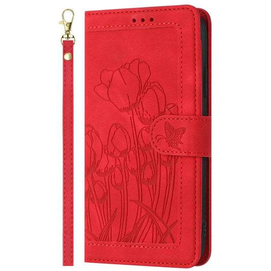 For Google Pixel 10 Tulips Embossed Leather Phone Case with Lanyard(Red) - Google Cases by buy2fix | Online Shopping UK | buy2fix