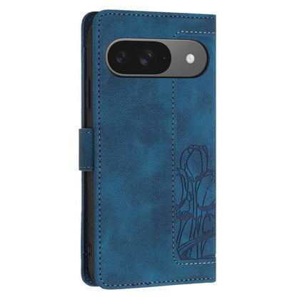 For Google Pixel 10 Tulips Embossed Leather Phone Case with Lanyard(Blue) - Google Cases by buy2fix | Online Shopping UK | buy2fix