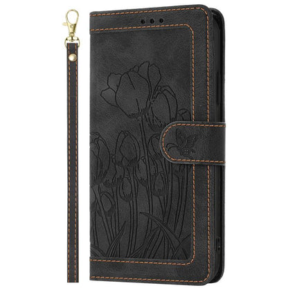 For Google Pixel 10 Tulips Embossed Leather Phone Case with Lanyard(Black) - Google Cases by buy2fix | Online Shopping UK | buy2fix