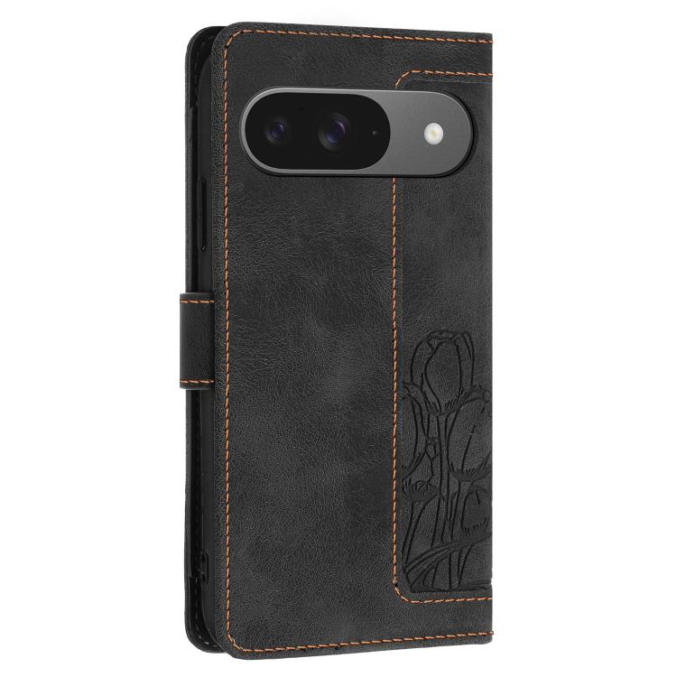 For Google Pixel 10 Tulips Embossed Leather Phone Case with Lanyard(Black) - Google Cases by buy2fix | Online Shopping UK | buy2fix