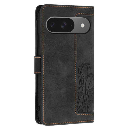 For Google Pixel 10 Tulips Embossed Leather Phone Case with Lanyard(Black) - Google Cases by buy2fix | Online Shopping UK | buy2fix