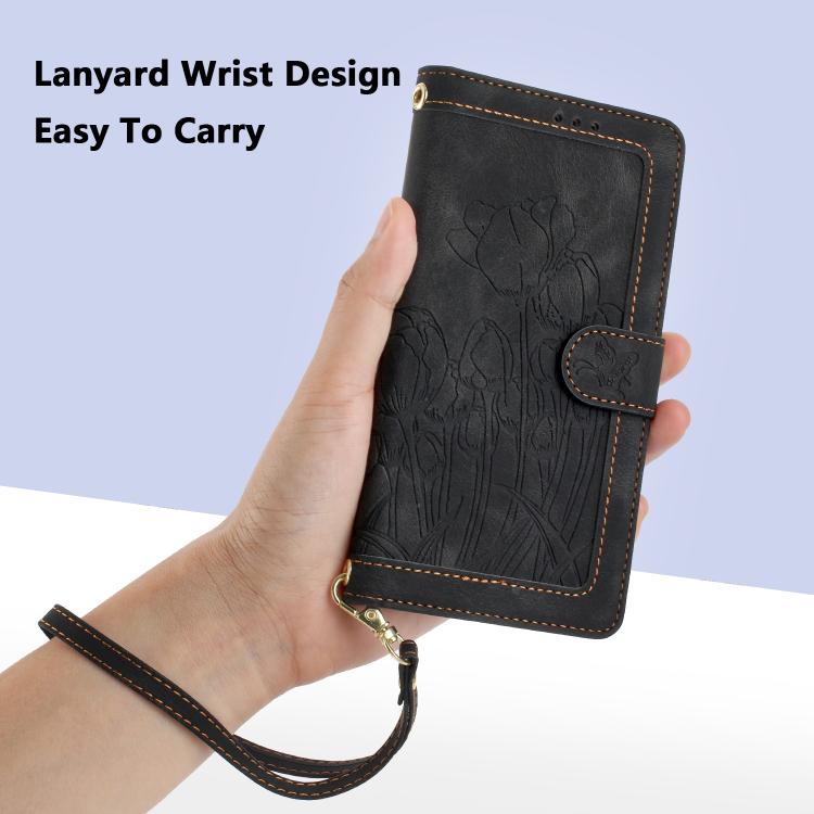 For Google Pixel 10 Tulips Embossed Leather Phone Case with Lanyard(Black) - Google Cases by buy2fix | Online Shopping UK | buy2fix