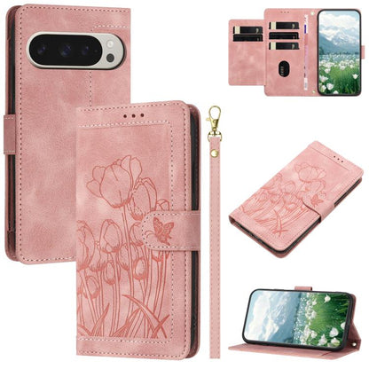 For Google Pixel 10 Pro XL Tulips Embossed Leather Phone Case with Lanyard(Pink) - Google Cases by buy2fix | Online Shopping UK | buy2fix