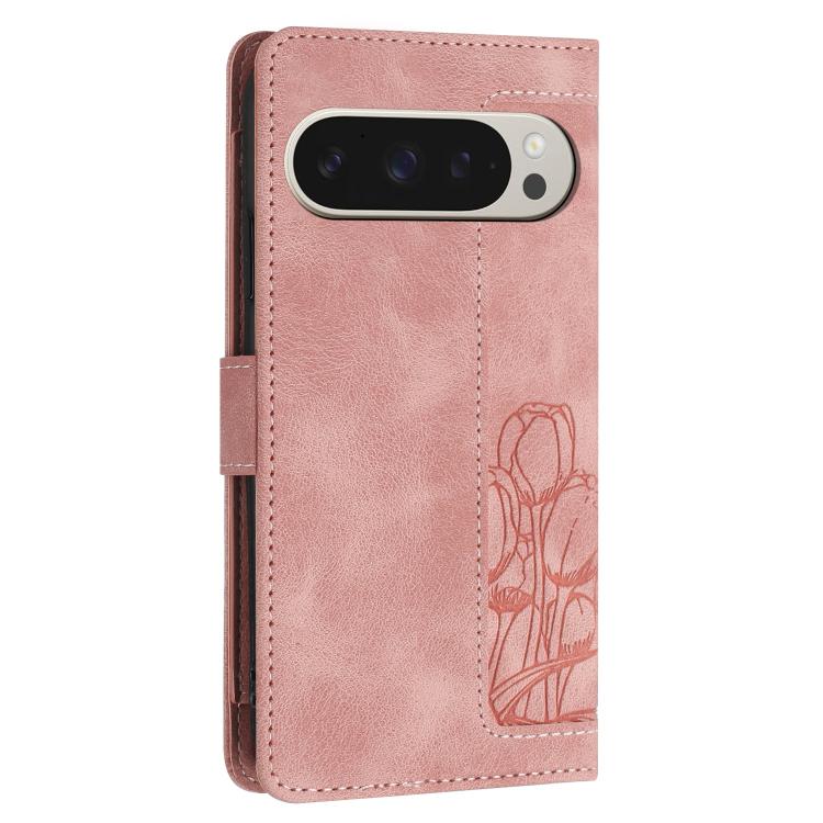 For Google Pixel 10 Pro XL Tulips Embossed Leather Phone Case with Lanyard(Pink) - Google Cases by buy2fix | Online Shopping UK | buy2fix