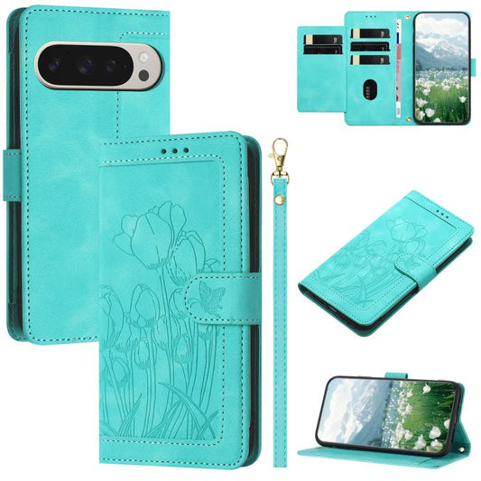 For Google Pixel 10 Pro XL Tulips Embossed Leather Phone Case with Lanyard(Green) - Google Cases by buy2fix | Online Shopping UK | buy2fix