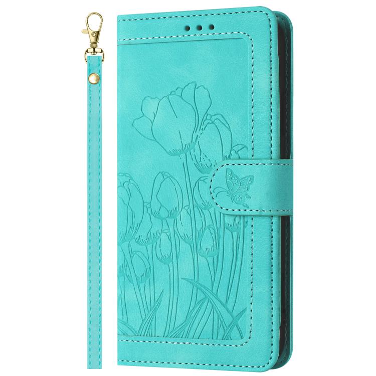 For Google Pixel 10 Pro XL Tulips Embossed Leather Phone Case with Lanyard(Green) - Google Cases by buy2fix | Online Shopping UK | buy2fix