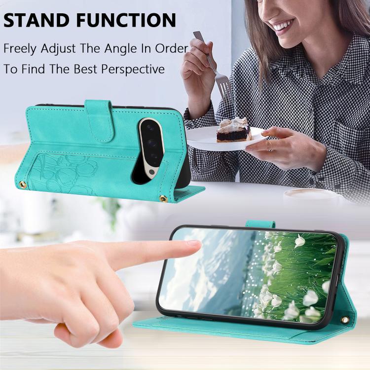 For Google Pixel 10 Pro XL Tulips Embossed Leather Phone Case with Lanyard(Green) - Google Cases by buy2fix | Online Shopping UK | buy2fix
