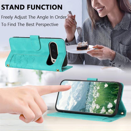 For Google Pixel 10 Pro XL Tulips Embossed Leather Phone Case with Lanyard(Green) - Google Cases by buy2fix | Online Shopping UK | buy2fix