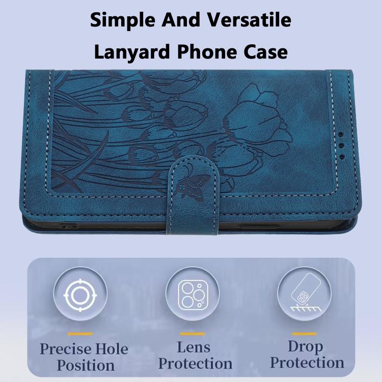 For Google Pixel 10 Pro XL Tulips Embossed Leather Phone Case with Lanyard(Blue) - Google Cases by buy2fix | Online Shopping UK | buy2fix