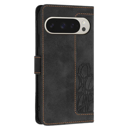 For Google Pixel 10 Pro XL Tulips Embossed Leather Phone Case with Lanyard(Black) - Google Cases by buy2fix | Online Shopping UK | buy2fix