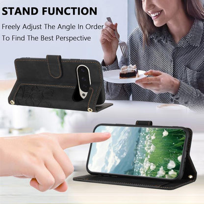 For Google Pixel 10 Pro XL Tulips Embossed Leather Phone Case with Lanyard(Black) - Google Cases by buy2fix | Online Shopping UK | buy2fix