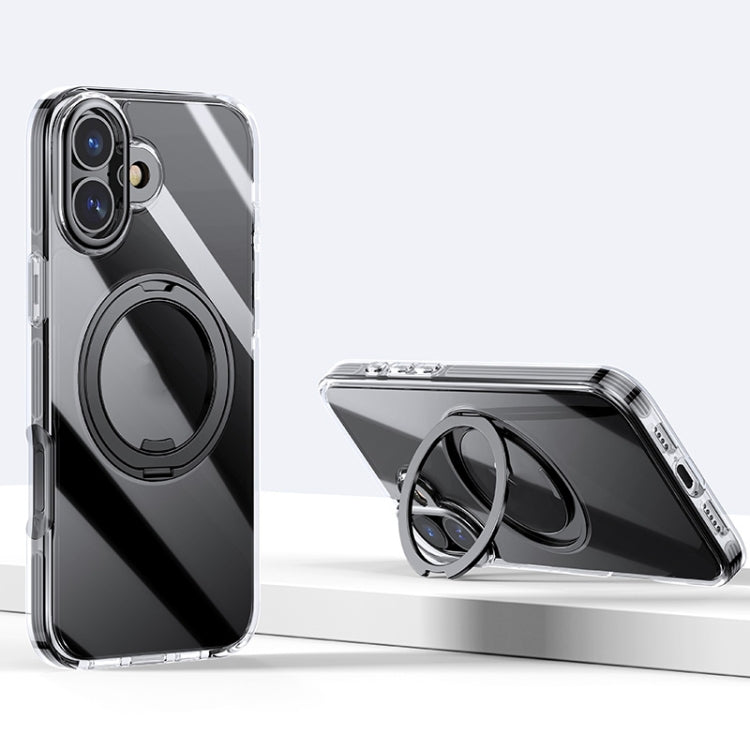 For iPhone 16 Plus Gear Plating PC 360 Ring Holder Magsafe Phone Case(Transparent Black) - iPhone 16 Plus Cases by buy2fix | Online Shopping UK | buy2fix