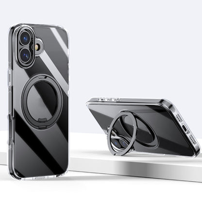 For iPhone 16 Plus Gear Plating PC 360 Ring Holder Magsafe Phone Case(Transparent Black) - iPhone 16 Plus Cases by buy2fix | Online Shopping UK | buy2fix
