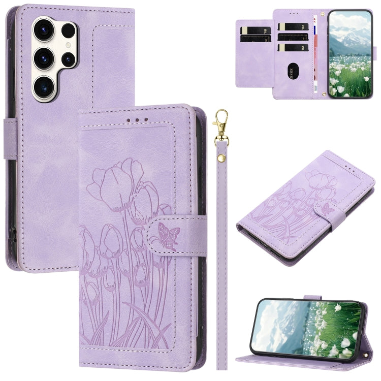 For Samsung Galaxy S25 Ultra 5G Tulips Embossed Leather Phone Case with Lanyard(Purple) by buy2fix