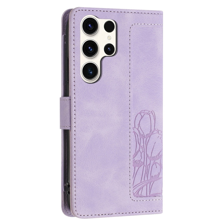 For Samsung Galaxy S25 Ultra 5G Tulips Embossed Leather Phone Case with Lanyard(Purple) by buy2fix