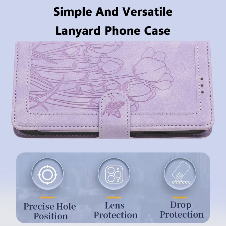 For Samsung Galaxy S25 Ultra 5G Tulips Embossed Leather Phone Case with Lanyard(Purple) by buy2fix