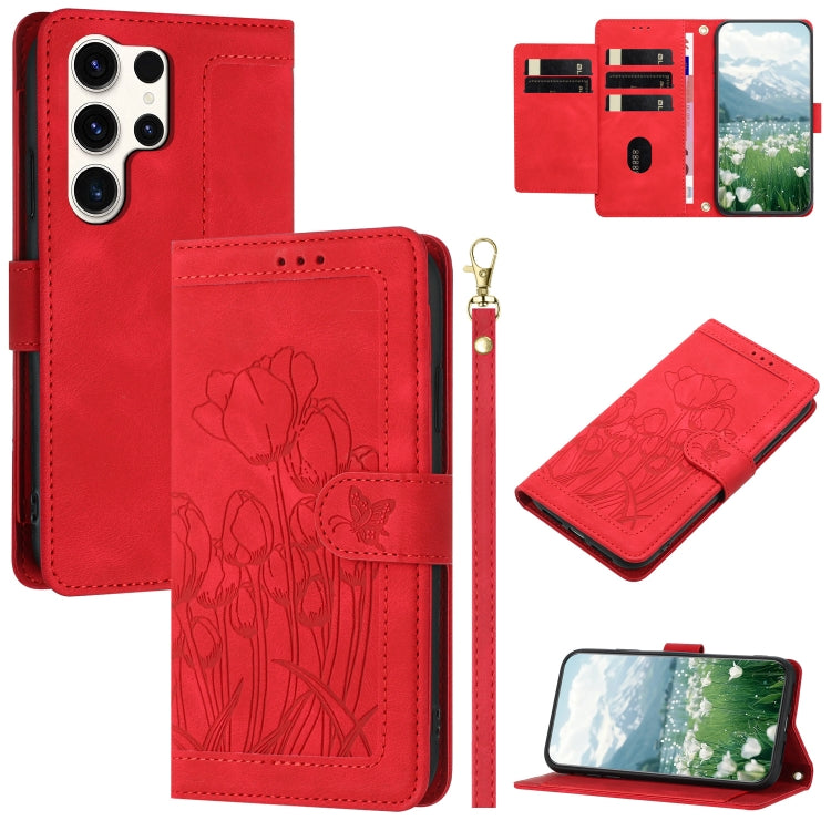 For Samsung Galaxy S25 Ultra 5G Tulips Embossed Leather Phone Case with Lanyard(Red) by buy2fix