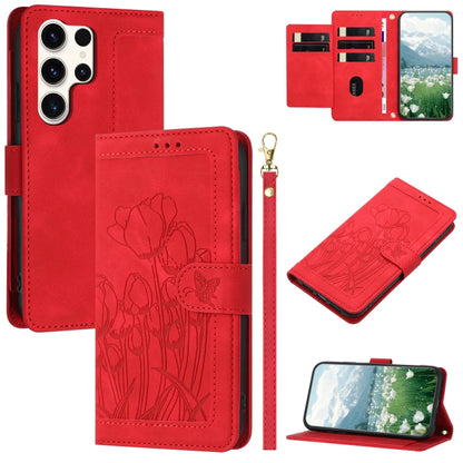 For Samsung Galaxy S25 Ultra 5G Tulips Embossed Leather Phone Case with Lanyard(Red) by buy2fix
