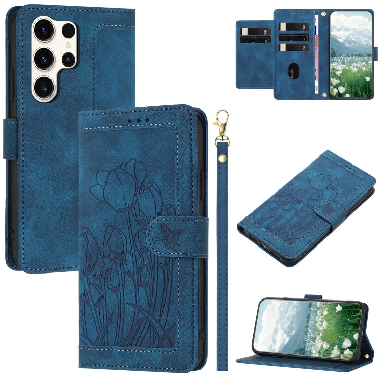 For Samsung Galaxy S25 Ultra 5G Tulips Embossed Leather Phone Case with Lanyard(Blue) by buy2fix