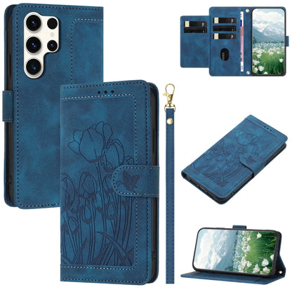 For Samsung Galaxy S25 Ultra 5G Tulips Embossed Leather Phone Case with Lanyard(Blue) by buy2fix