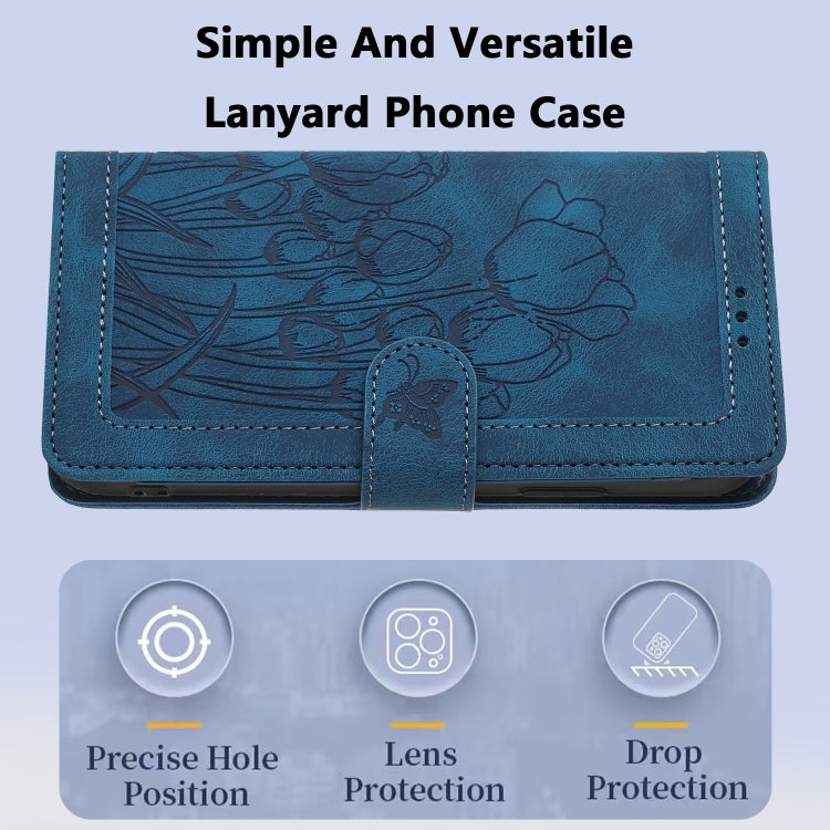 For Samsung Galaxy S25 Ultra 5G Tulips Embossed Leather Phone Case with Lanyard(Blue) by buy2fix
