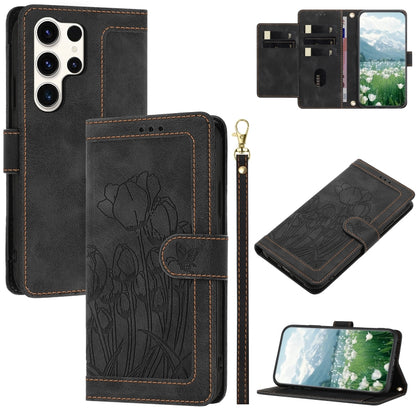 For Samsung Galaxy S25 Ultra 5G Tulips Embossed Leather Phone Case with Lanyard(Black) by buy2fix
