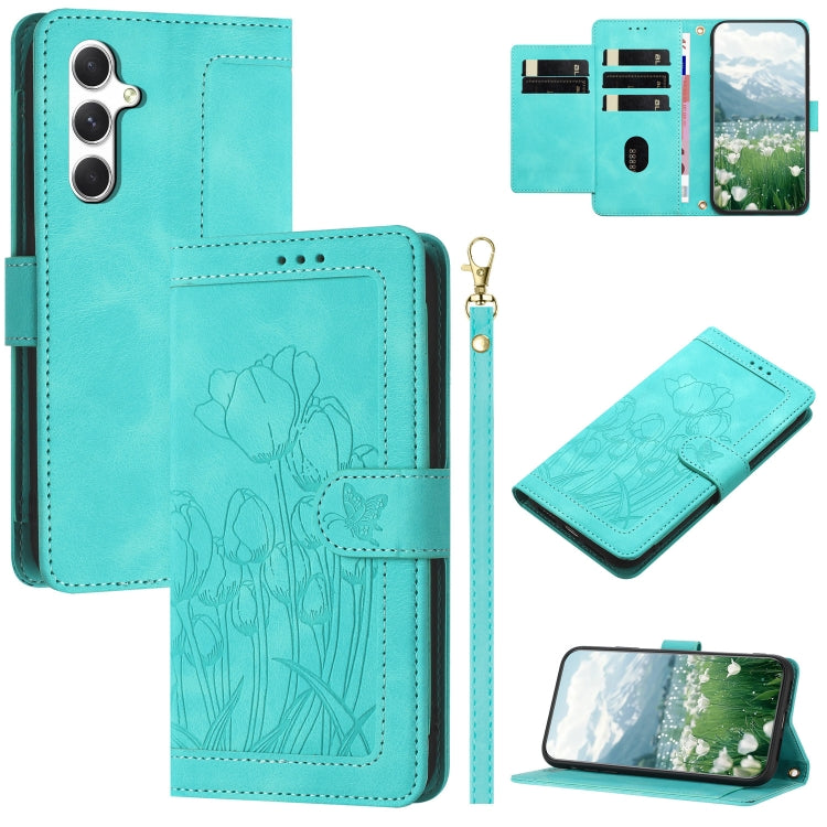 For Samsung Galaxy S25+ 5G Tulips Embossed Leather Phone Case with Lanyard(Green) by buy2fix