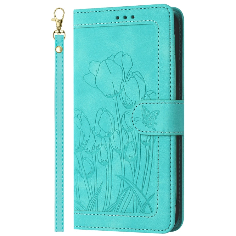 For Samsung Galaxy S25+ 5G Tulips Embossed Leather Phone Case with Lanyard(Green) by buy2fix