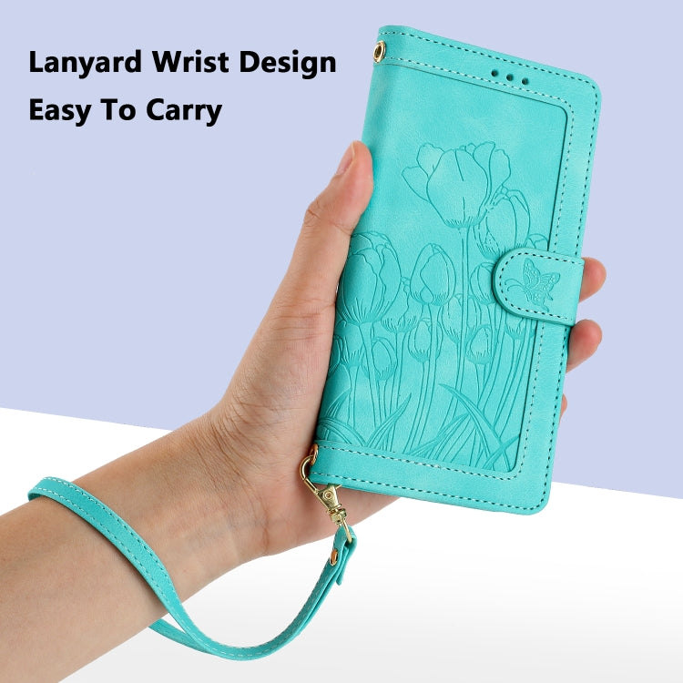 For Samsung Galaxy S25+ 5G Tulips Embossed Leather Phone Case with Lanyard(Green) by buy2fix