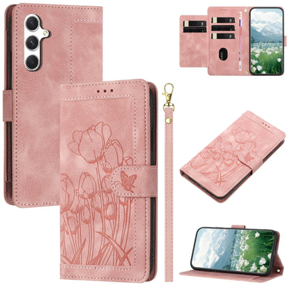 For Samsung Galaxy S25 5G Tulips Embossed Leather Phone Case with Lanyard(Pink) by buy2fix