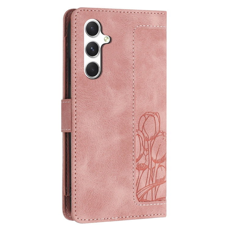 For Samsung Galaxy S25 5G Tulips Embossed Leather Phone Case with Lanyard(Pink) by buy2fix