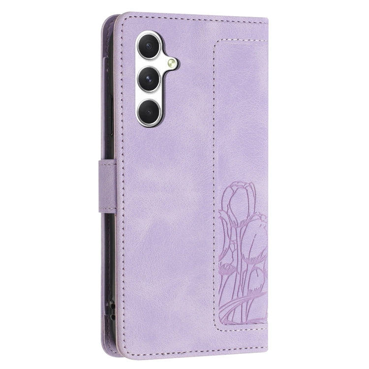 For Samsung Galaxy S25 5G Tulips Embossed Leather Phone Case with Lanyard(Purple) by buy2fix