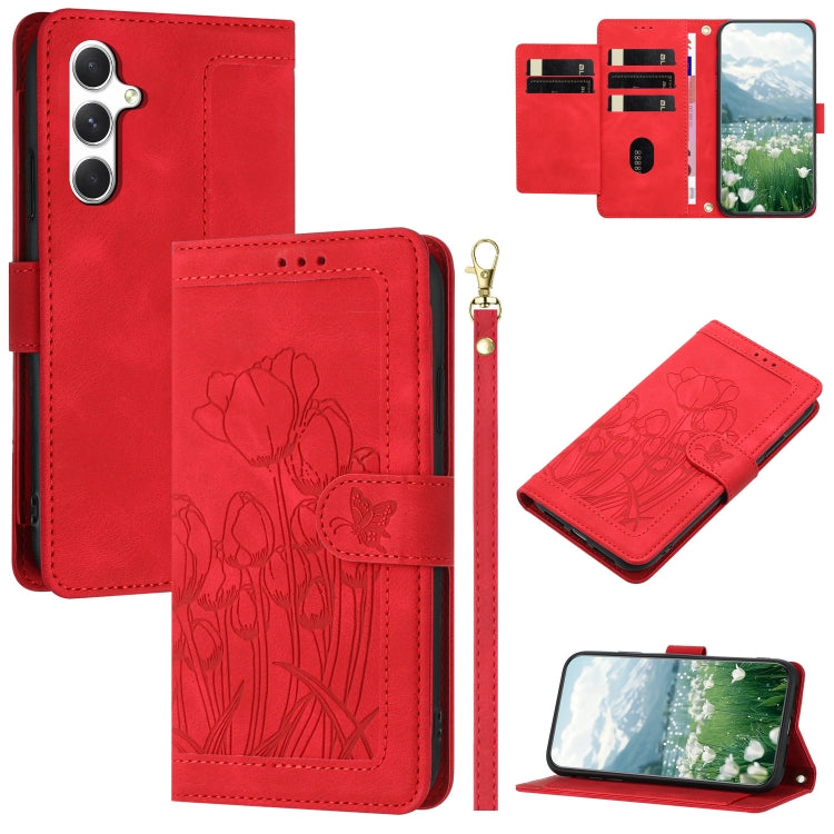 For Samsung Galaxy S25 5G Tulips Embossed Leather Phone Case with Lanyard(Red) by buy2fix
