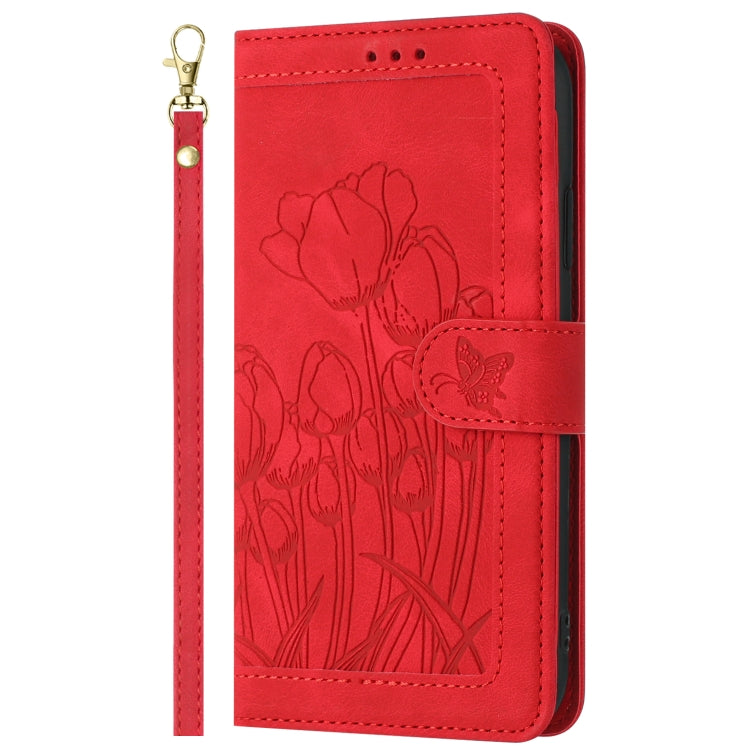 For Samsung Galaxy S25 5G Tulips Embossed Leather Phone Case with Lanyard(Red) by buy2fix