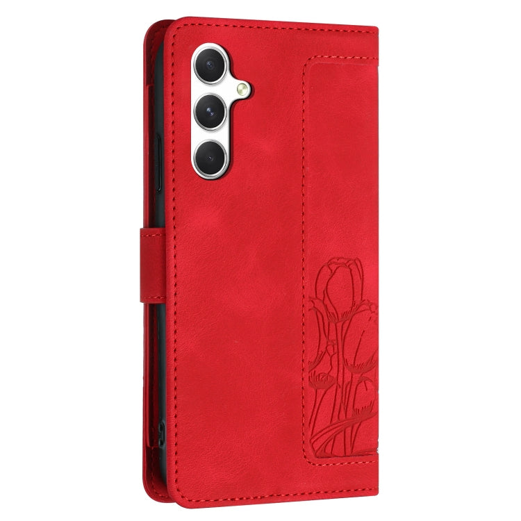 For Samsung Galaxy S25 5G Tulips Embossed Leather Phone Case with Lanyard(Red) by buy2fix