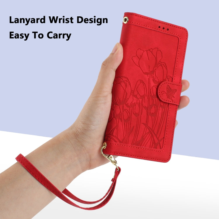 For Samsung Galaxy S25 5G Tulips Embossed Leather Phone Case with Lanyard(Red) by buy2fix
