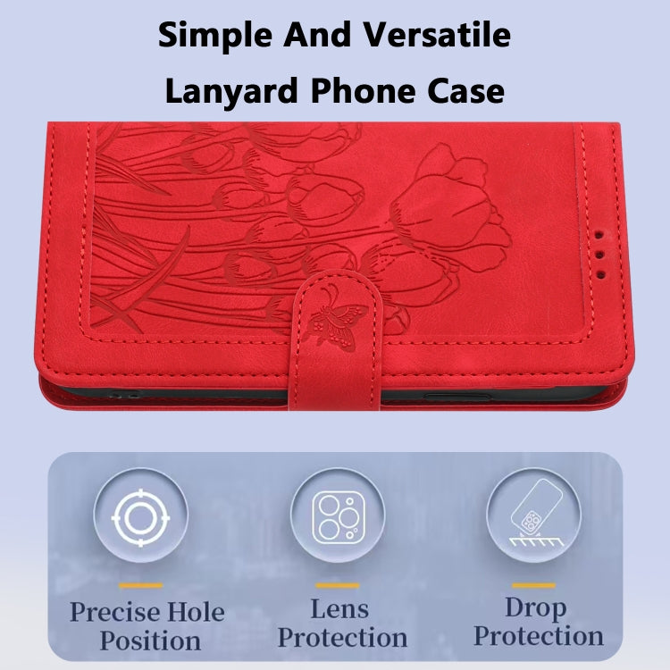 For Samsung Galaxy S25 5G Tulips Embossed Leather Phone Case with Lanyard(Red) by buy2fix