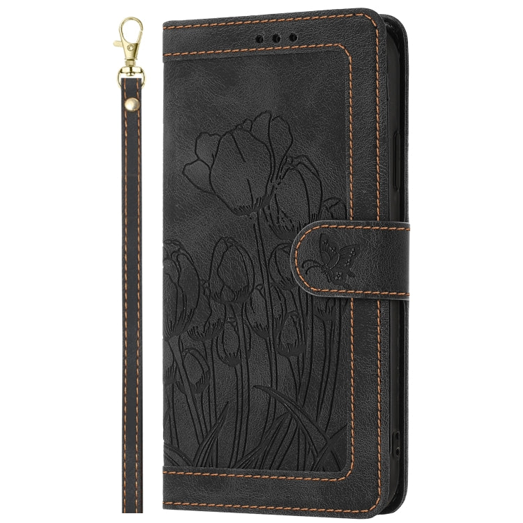 For Samsung Galaxy S25 5G Tulips Embossed Leather Phone Case with Lanyard(Black) by buy2fix