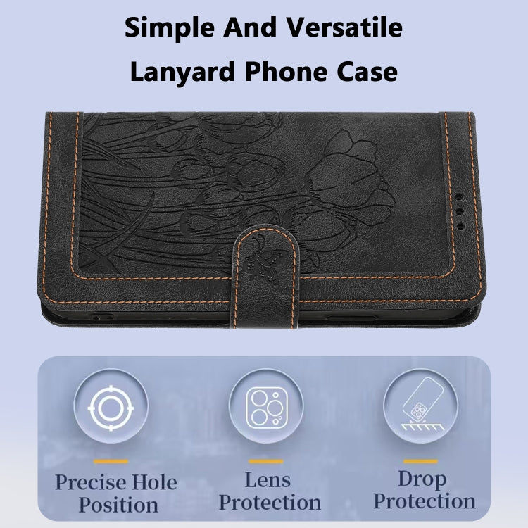 For Samsung Galaxy S25 5G Tulips Embossed Leather Phone Case with Lanyard(Black) by buy2fix