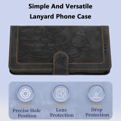 For Samsung Galaxy S25 5G Tulips Embossed Leather Phone Case with Lanyard(Black) by buy2fix