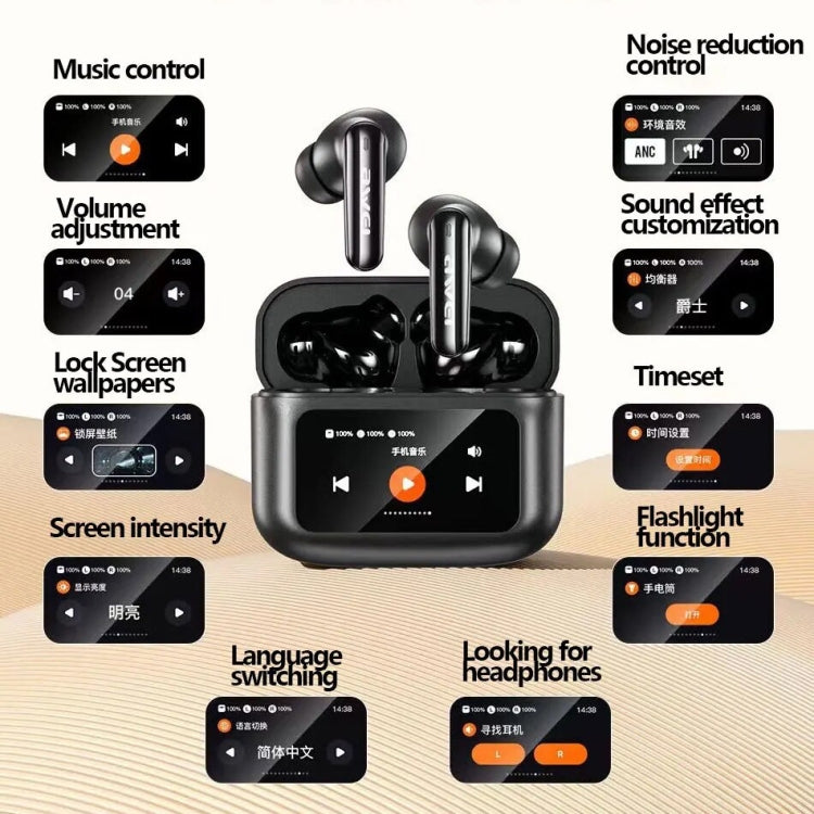 awei T56 ANC Noise Reduction Wireless Bluetooth Earphone with LED Touch Screen(Black) - Bluetooth Earphone by awei | Online Shopping UK | buy2fix