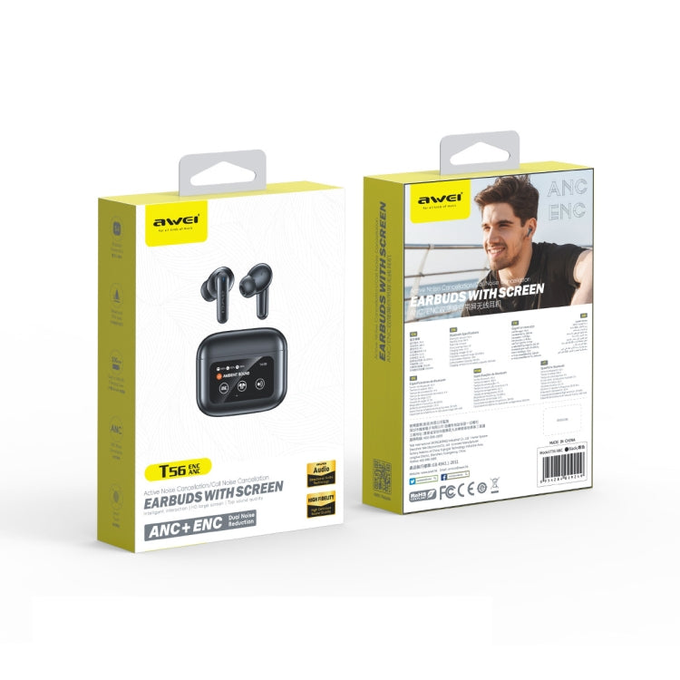 awei T56 ANC Noise Reduction Wireless Bluetooth Earphone with LED Touch Screen(Black) - Bluetooth Earphone by awei | Online Shopping UK | buy2fix