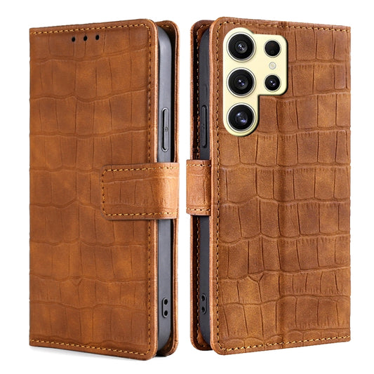 For Samsung Galaxy S25 Ultra 5G Skin Feel Crocodile Magnetic Clasp Leather Phone Case(Brown) by buy2fix