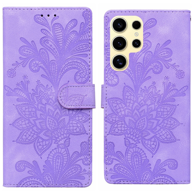 For Samsung Galaxy S25 Ultra 5G Lace Floral Embossed Magnetic Buckle PU Phone Case With Wrist Strap(Purple) by buy2fix